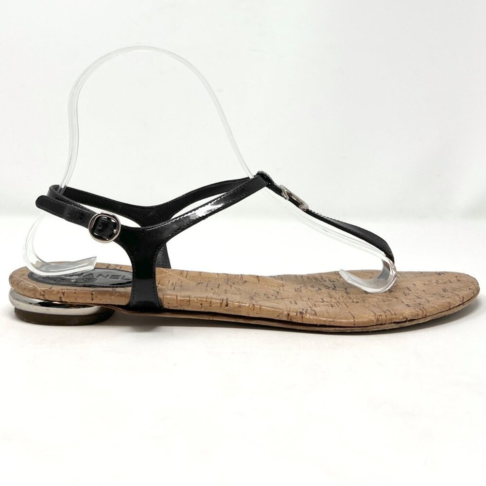 Chanel‎ Black Patent Thong Sandals CC Cork Sole Flat Sandals 40.5 - Picture 4 of 9